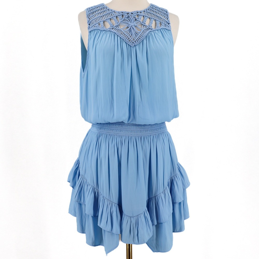 Ramy Brook Mini Dress Womens Macrame Smocked Tiered Ruffle L/G Blue